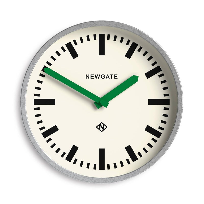 NEWGATEÂ® Luggage Wall Clock | Modern Retro Metal Station Clock | 30cm | Deep galvanised Metal case with Green Hands | Contemporary Vintage Style for Kitchen, Living Room or Office - Image 1